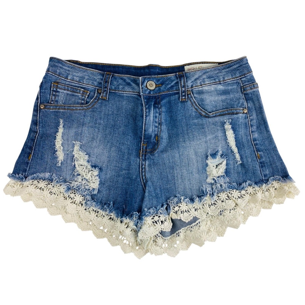 Wish List Jean Shorts Women's Sz M Denim Cutoff w/Lace Trim Mid Rise Distressed